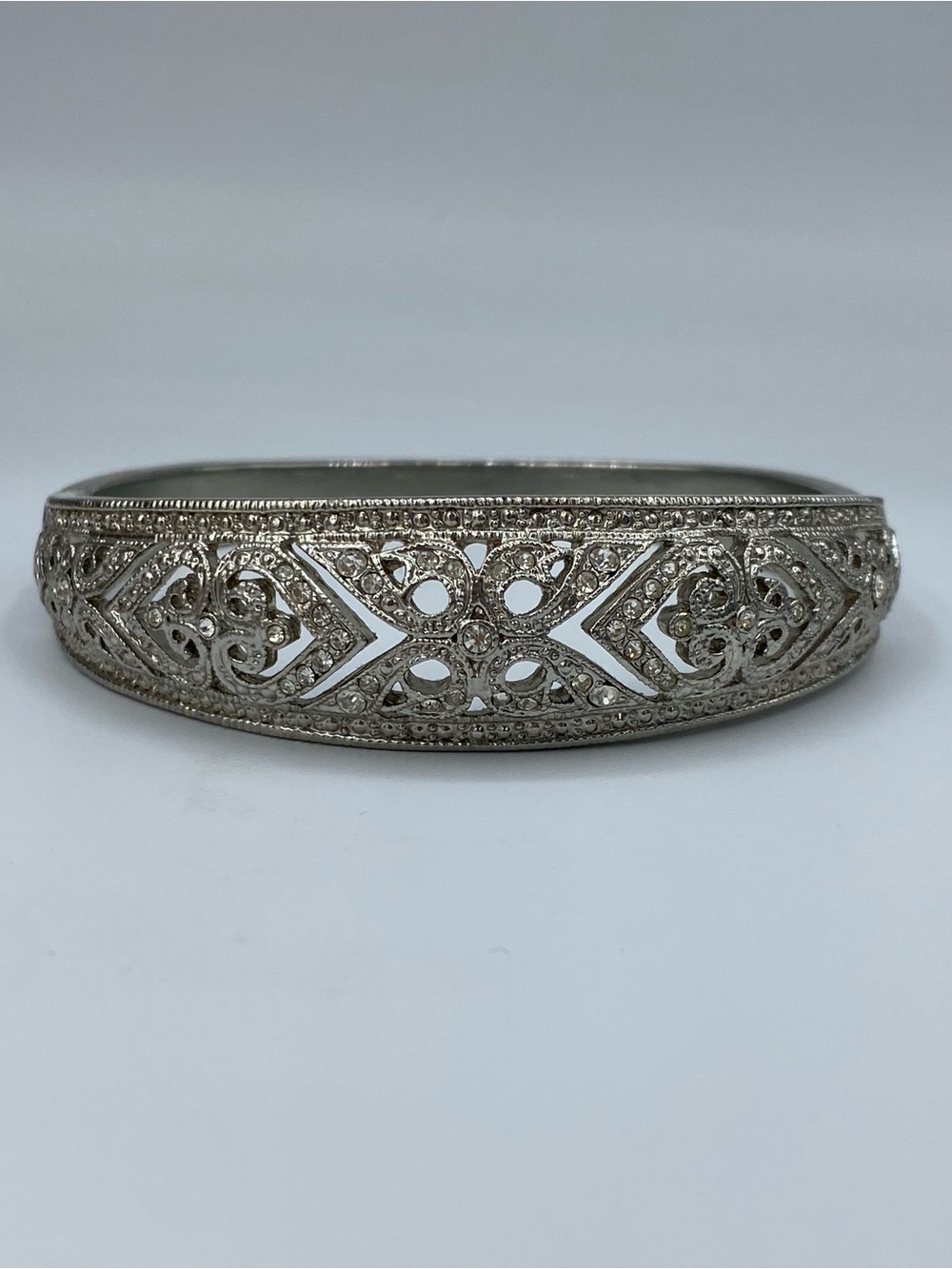 Vintage Ornate Silver Tone Filigree Bracelet With Pave Crystal Accents and Clasp